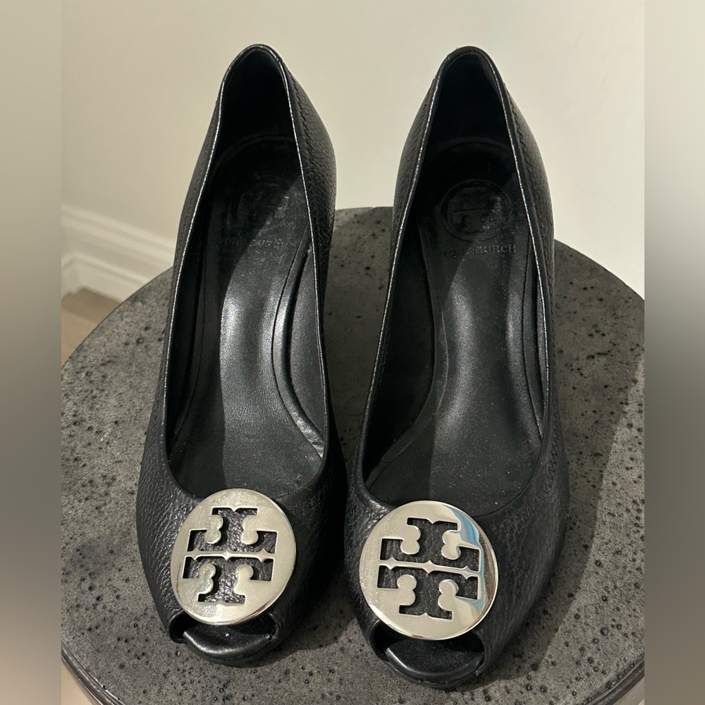 Like new Tory Burch Black Peep-Toe Heels with Silver Logo